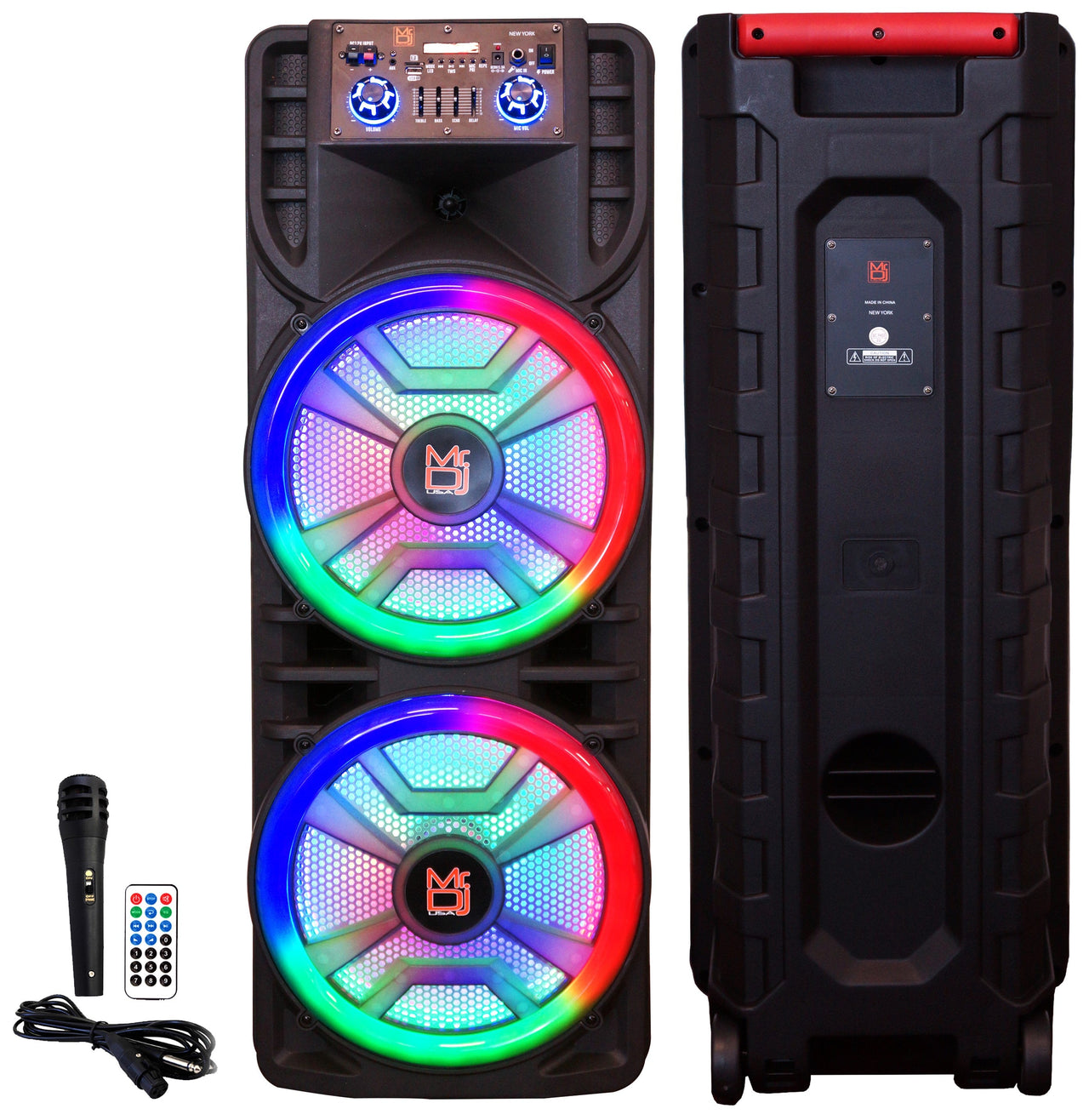 2 MR DJ NEWYORK+ 12" X 2 Rechargeable Portable Bluetooth Karaoke Speaker with Party Flame Lights Microphone TWS USB FM Radio