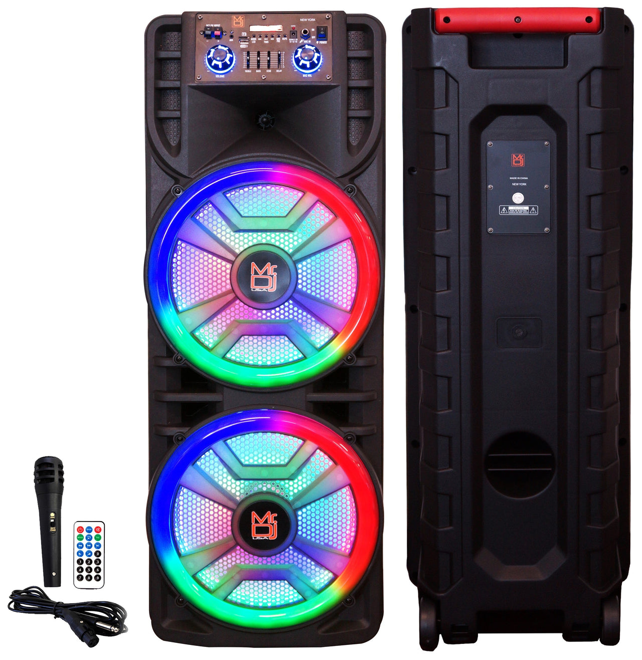 MR DJ NEWYORK+ 12" X 2 Rechargeable Portable Bluetooth Karaoke Speaker with Party Flame Lights Microphone TWS USB FM Radio + 54-LED Slim Par Wash DJ Light