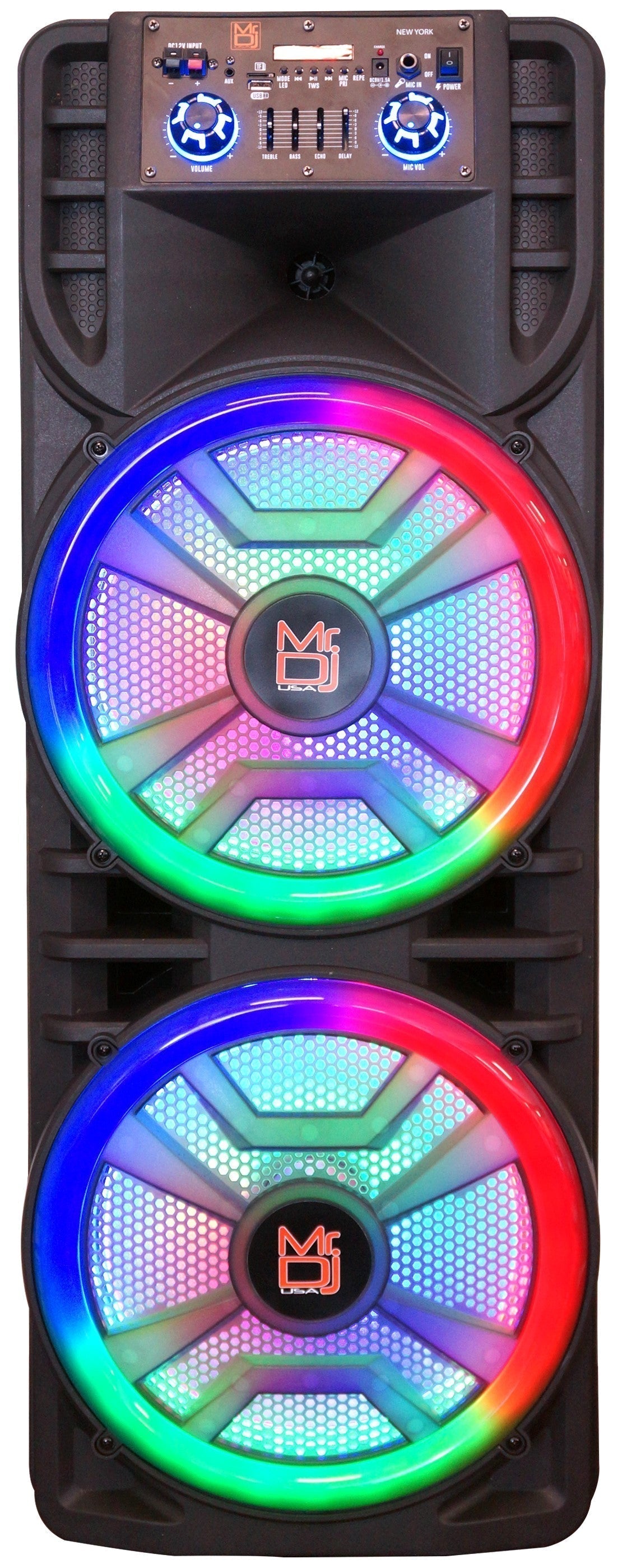 MR DJ NEWYORK+ 12" X 2 Rechargeable Portable Bluetooth Karaoke Speaker with Party Flame Lights Microphone TWS USB FM Radio + 18-LED Moving Head DJ Light
