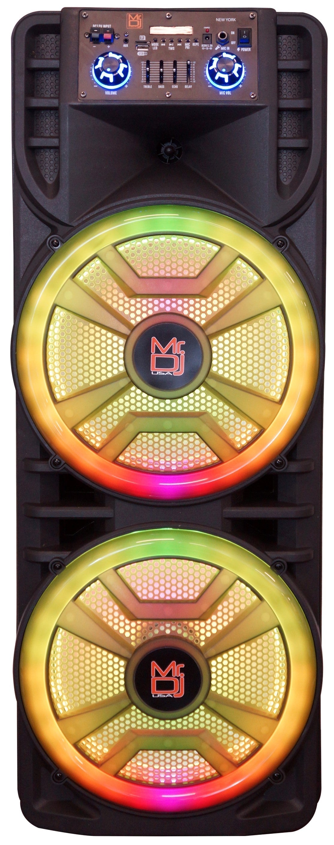 MR DJ NEWYORK+ 12" X 2 Rechargeable Portable Bluetooth Karaoke Speaker with Party Flame Lights Microphone TWS USB FM Radio + 7-LED Moving Head DJ Light