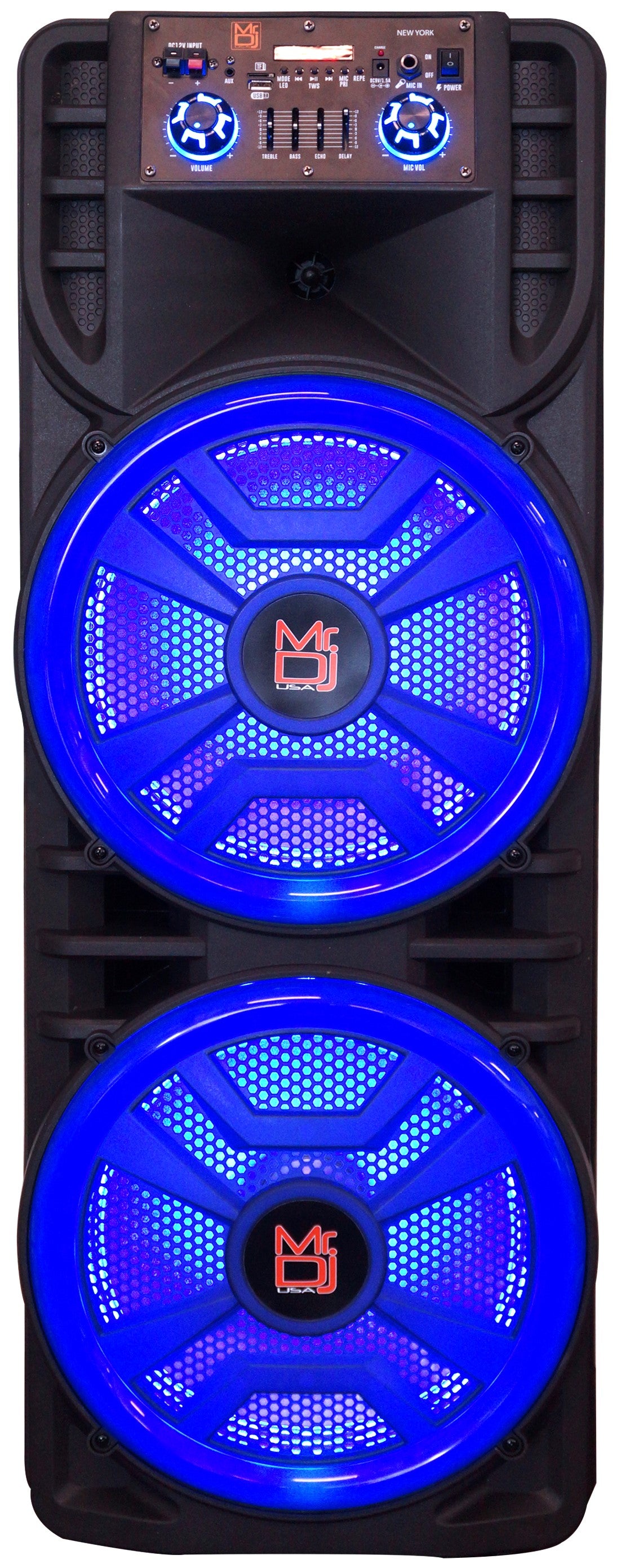 MR DJ NEWYORK+ 12" X 2 Rechargeable Portable Bluetooth Karaoke Speaker with Party Flame Lights Microphone TWS USB FM Radio