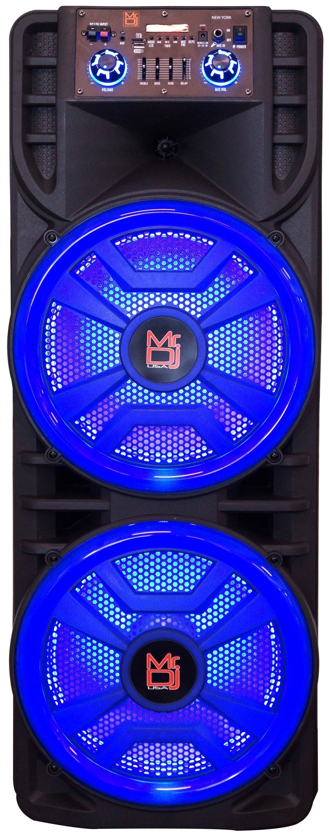 MR DJ NEWYORK+ 12" X 2 Rechargeable Portable Bluetooth Karaoke Speaker with Party Flame Lights Microphone TWS USB FM Radio + 7-LED Moving Head DJ Light