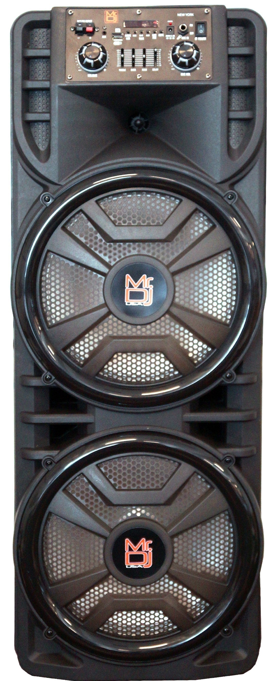 MR DJ NEWYORK+ 12" X 2 Rechargeable Portable Bluetooth Karaoke Speaker with Party Flame Lights Microphone TWS USB FM Radio + 18-LED Moving Head DJ Light