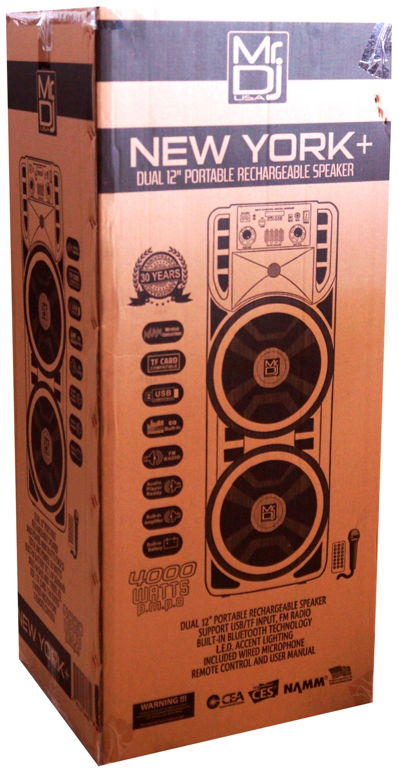 2 MR DJ NEWYORK+ 12" X 2 Rechargeable Portable Bluetooth Karaoke Speaker with Party Flame Lights Microphone TWS USB FM Radio