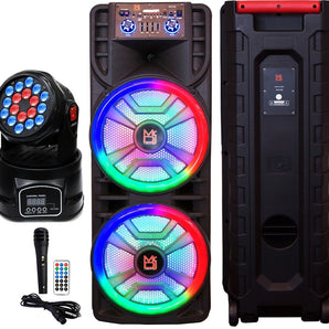 MR DJ NEWYORK+ 12" X 2 Rechargeable Portable Bluetooth Karaoke Speaker with Party Flame Lights Microphone TWS USB FM Radio + 18-LED Moving Head DJ Light