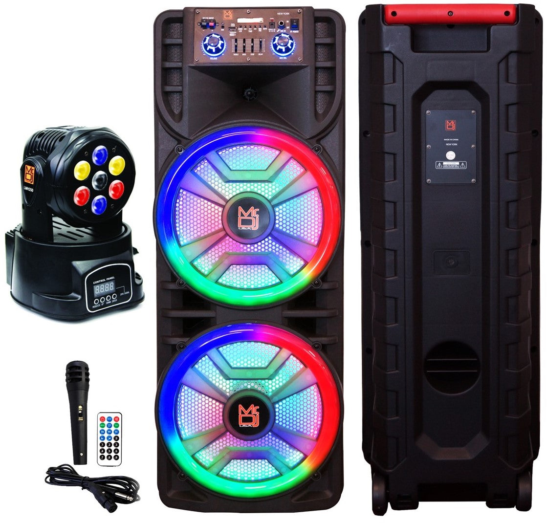 MR DJ NEWYORK+ 12" X 2 Rechargeable Portable Bluetooth Karaoke Speaker with Party Flame Lights Microphone TWS USB FM Radio + 7-LED Moving Head DJ Light