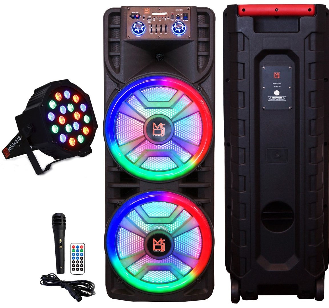 MR DJ NEWYORK+ 12" X 2 Rechargeable Portable Bluetooth Karaoke Speaker with Party Flame Lights Microphone TWS USB FM Radio + 18-LED Slim Par Wash DJ Light