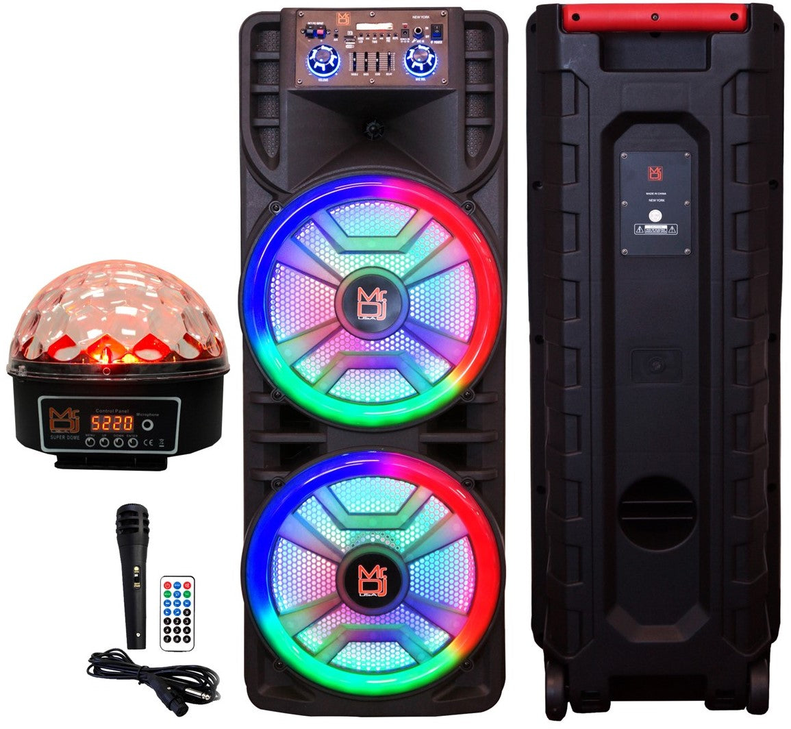 MR DJ NEWYORK+ 12" X 2 Rechargeable Portable Bluetooth Karaoke Speaker with Party Flame Lights Microphone TWS USB FM Radio + LED Crystal Magic Ball