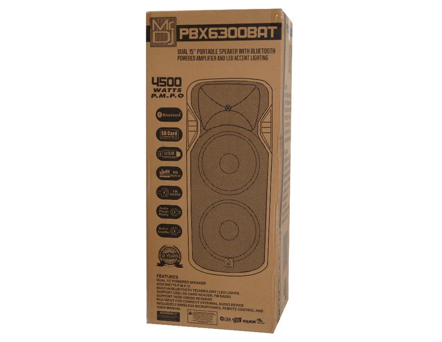 MR DJ PBX6300BAT 4500 Watts Dual 15" Rechargeable PA DJ Party Speaker Bluetooth, Light, Echo, MIC