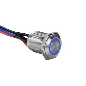 Close-up of Install Bay MS12B-2 silver 12MM round illuminated momentary switches with blue LED.