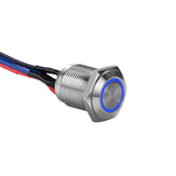 Close-up of Install Bay MS12B-2 silver 12MM round illuminated momentary switches with blue LED.