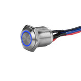 Close-up of Install Bay MS12B-2 silver 12MM round illuminated momentary switches with blue LED.