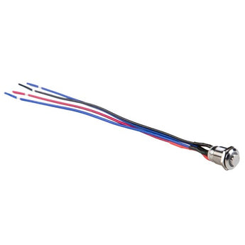 Close-up of Install Bay MS12B-2 silver 12MM round illuminated momentary switches with blue LED.