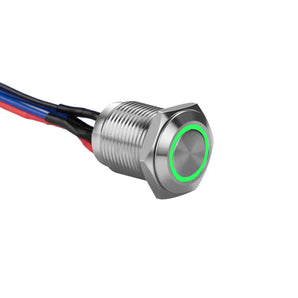 Close-up of Install Bay MS12G-2 illuminated momentary switches with green light and wires.