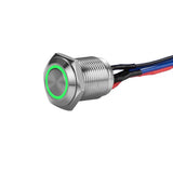 Close-up of Install Bay MS12G-2 illuminated momentary switches with green light and wires.