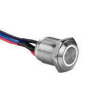 Silver 12MM round illuminated momentary switches showing wires for installation.