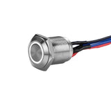 Silver 12MM round illuminated momentary switches showing wires for installation.