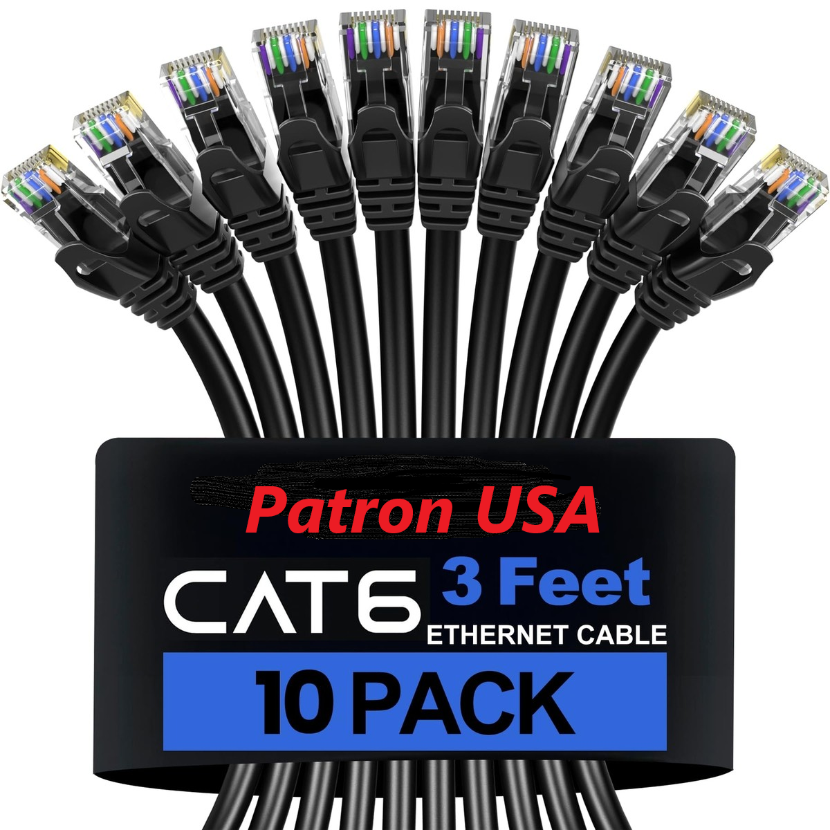 10 Patron Cat6a Ethernet Network Patch Cable RJ45 23AWG 600M Solid Copper Wire 3' Black