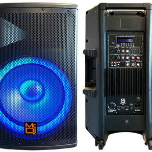 MR DJ 4500W Peak Bi-Amped Bluetooth DJ Speaker with 15" Woofer LED Party Lights Portable PA System, Built-In Media Player, Wired Mic, Speaker Stand, 3-Channel Mixer