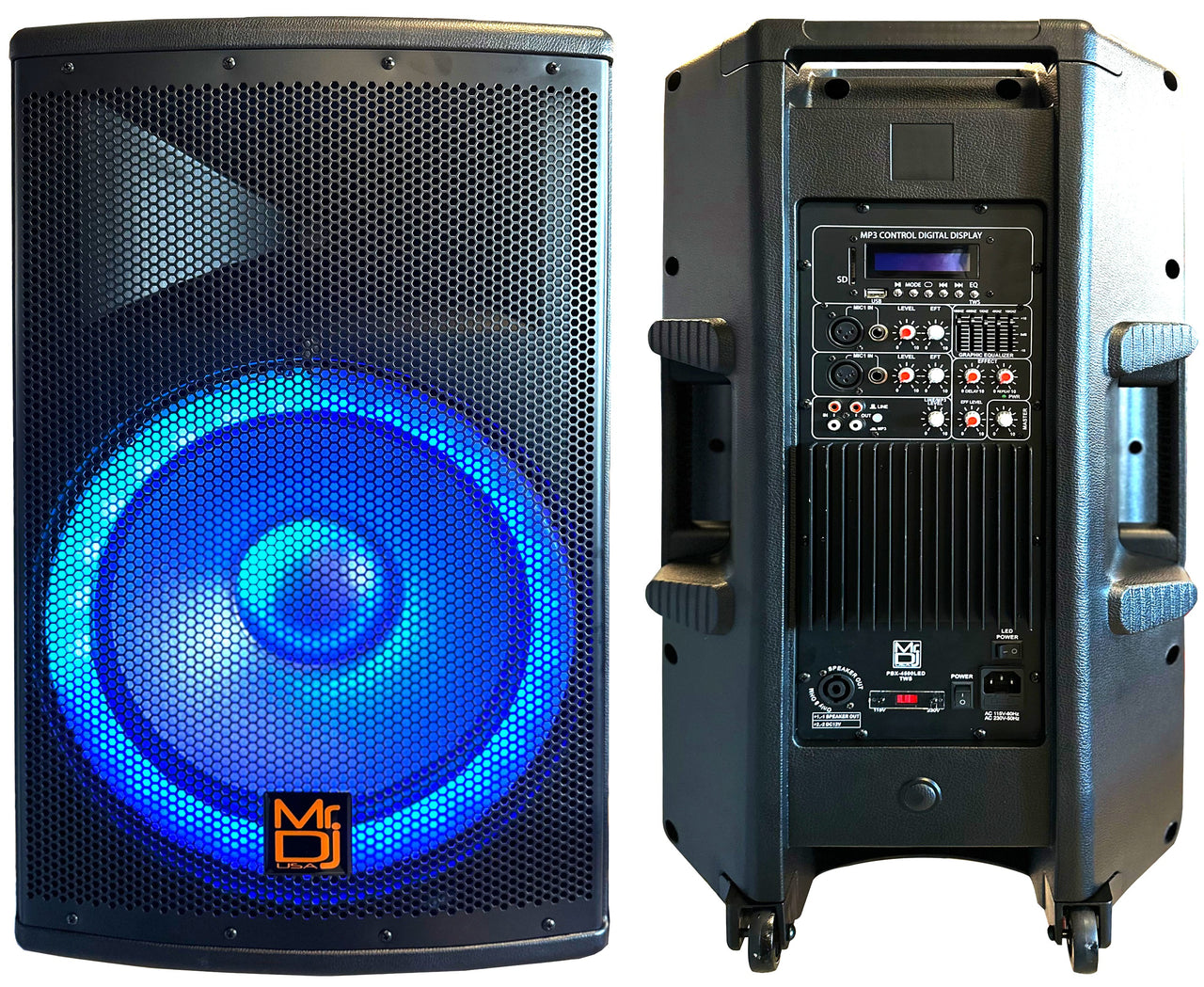 MR DJ PBX4500LED 15" 2-Way PA DJ 4500W Active Powered Bluetooth Karaoke Speaker LED Lighting + Speaker Stand