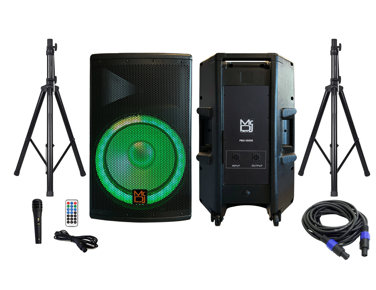 MR DJ PBX4500PKG 15" 2-Way PA DJ 4500W Active Powered Bluetooth Karaoke Speaker LED Lighting & Passive Speaker  + Speaker Stands & Cable