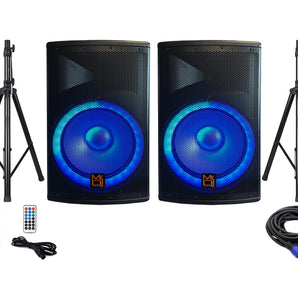 MR DJ PBX4500PKG 15" 2-Way PA DJ 4500W Active Powered Bluetooth Karaoke Speaker LED Lighting & Passive Speaker + Speaker Stands & Cable