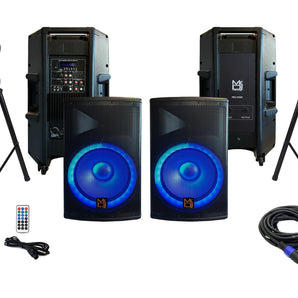 MR DJ PBX4500PKG 15" 2-Way PA DJ 4500W Active Powered Bluetooth Karaoke Speaker LED Lighting & Passive Speaker + Speaker Stands & Cable