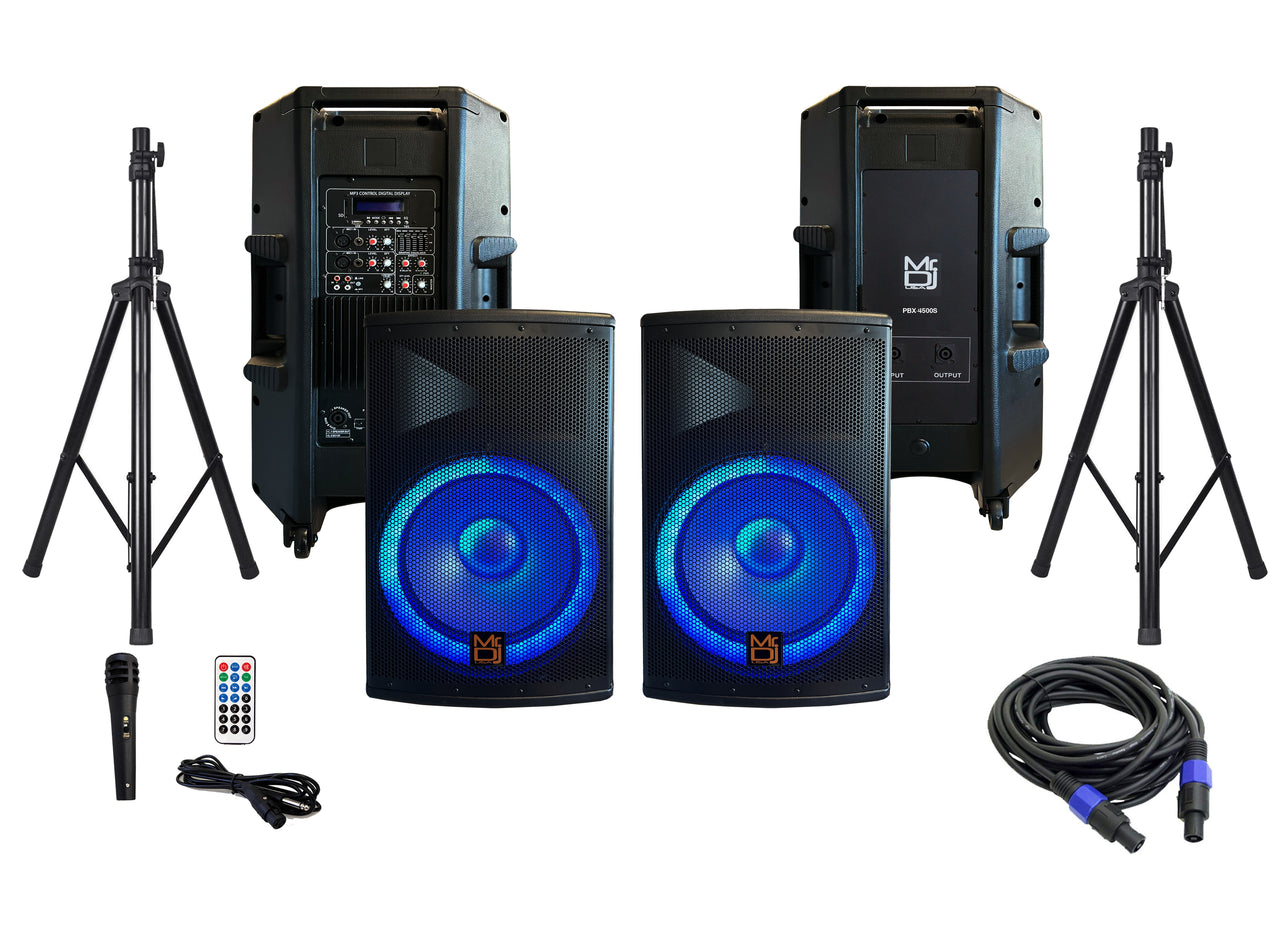 MR DJ PBX4500PKG 15" 2-Way PA DJ 4500W Active Powered Bluetooth Karaoke Speaker LED Lighting & Passive Speaker  + Speaker Stands & Cable