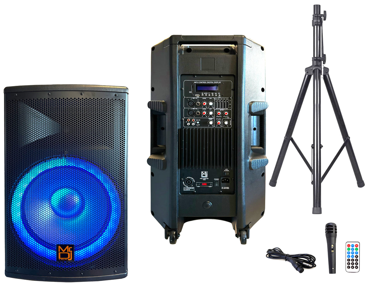 MR DJ PBX4500LED 15" 2-Way PA DJ 4500W Active Powered Bluetooth LED Speaker + Speaker Stand