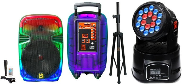 MR DJ PL12FLAME 12" Portable Translucent Bluetooth Speaker + Speaker Stand + 18-LED Moving Head DJ Light