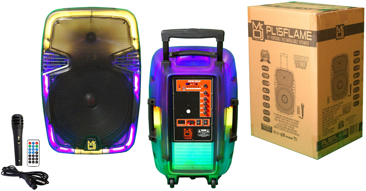 MR DJ PL15FLAME 15" Portable Translucent Bluetooth Speaker + Speaker Stand + 54-LED Slim Par Wash DJ Light