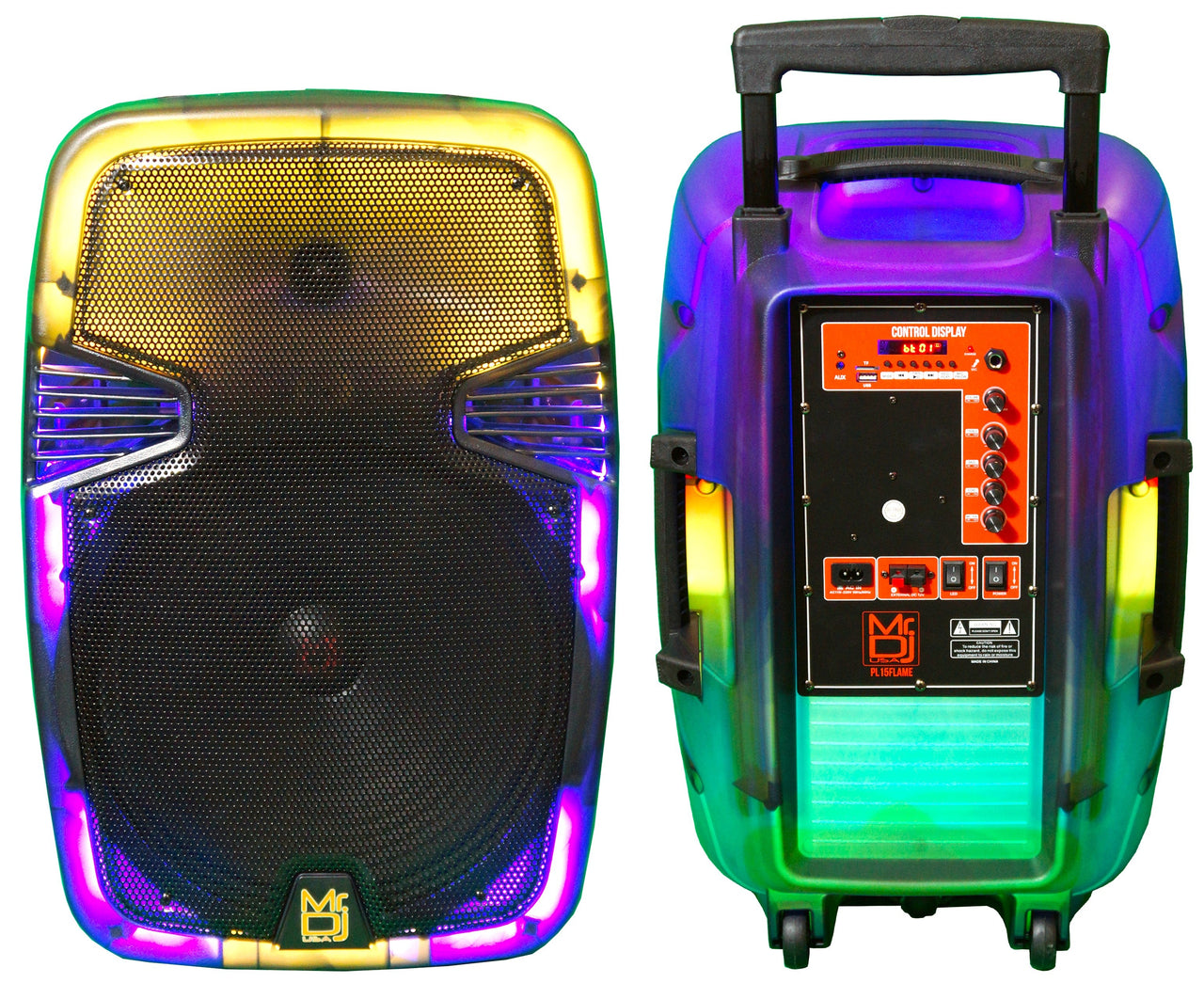 MR DJ PL15FLAME 15" Portable Translucent Trolley PA DJ Active Powered Bluetooth TWS Speaker 3500 Watts LCD/MP3/USB/micro SD