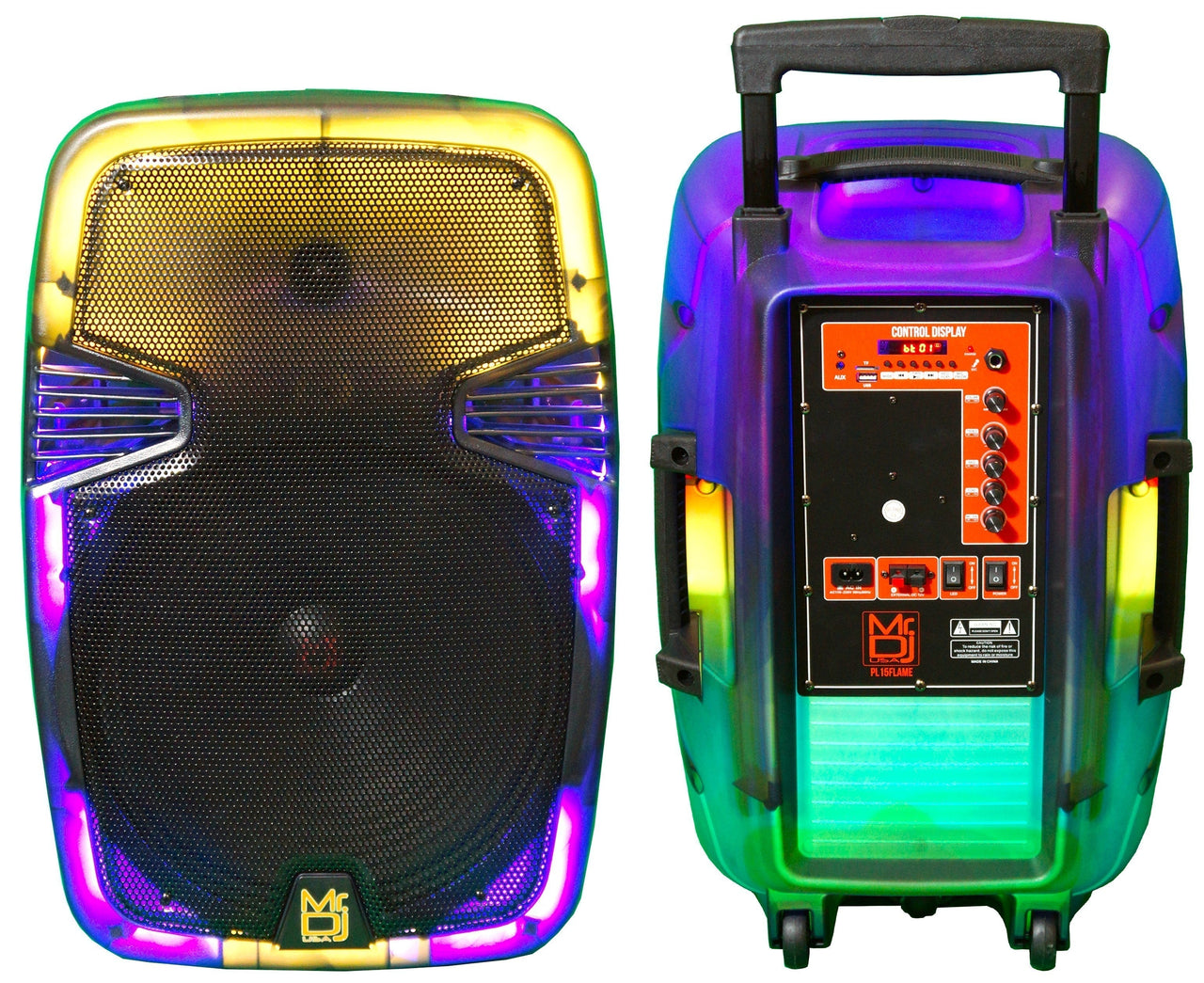 2 MR DJ PL15FLAME 15" Portable Translucent Bluetooth Speaker + Speaker Stand