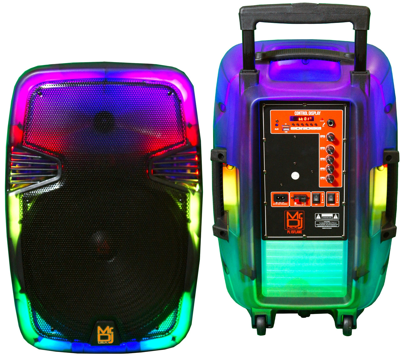 MR DJ PL15FLAME 15" Portable Translucent Trolley PA DJ Active Powered Bluetooth TWS Speaker 3500 Watts LCD/MP3/USB/micro SD