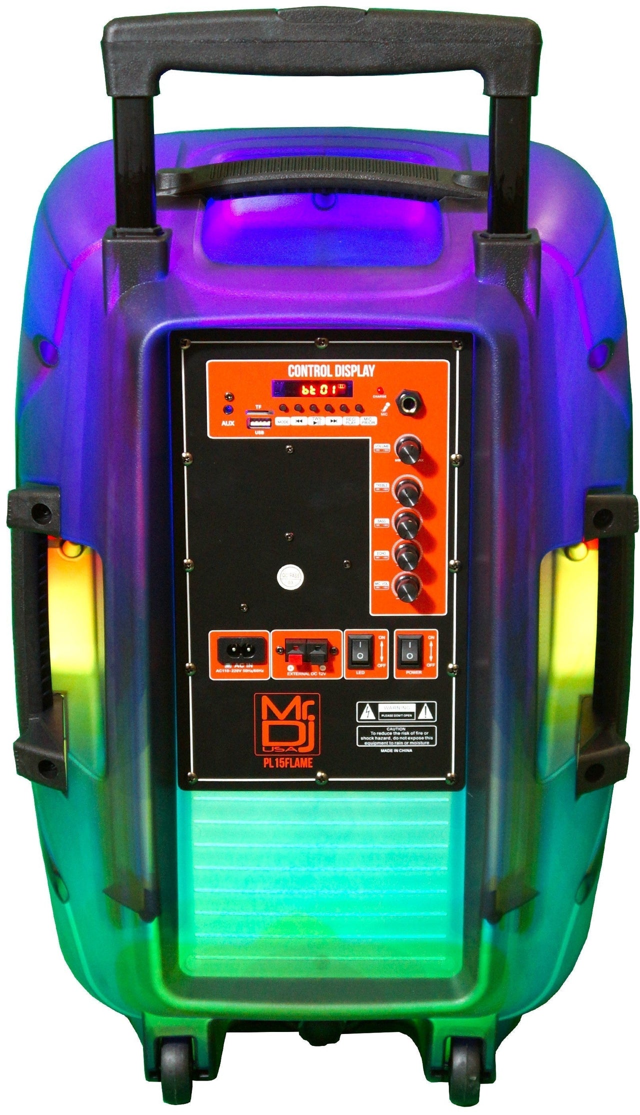 MR DJ PL15FLAME 15" Portable Translucent Bluetooth Speaker + Speaker Stand + 18-LED Slim Par Wash DJ Light