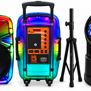 MR DJ PL15FLAME 15" Portable Translucent Bluetooth Speaker + Speaker Stand + 18-LED Moving Head DJ Light