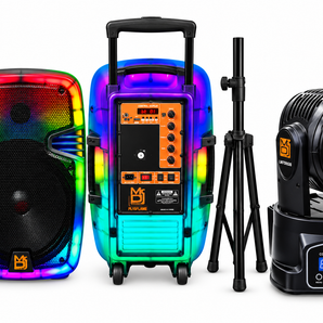 MR DJ PL15FLAME 15" Portable Translucent Bluetooth Speaker + Speaker Stand + 7-LED Moving Head DJ Light
