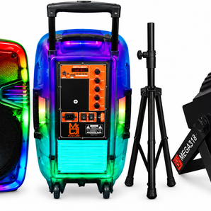 MR DJ PL15FLAME 15" Portable Translucent Bluetooth Speaker + Speaker Stand + 18-LED Slim Par Wash DJ Light