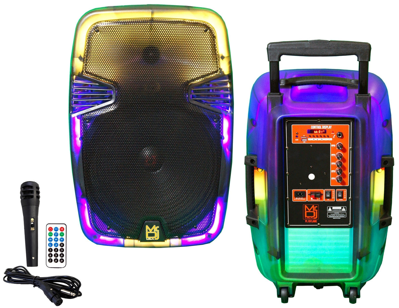 MR DJ PL15FLAME 15" Portable Translucent Bluetooth Speaker + Speaker Stand + 18-LED Moving Head DJ Light