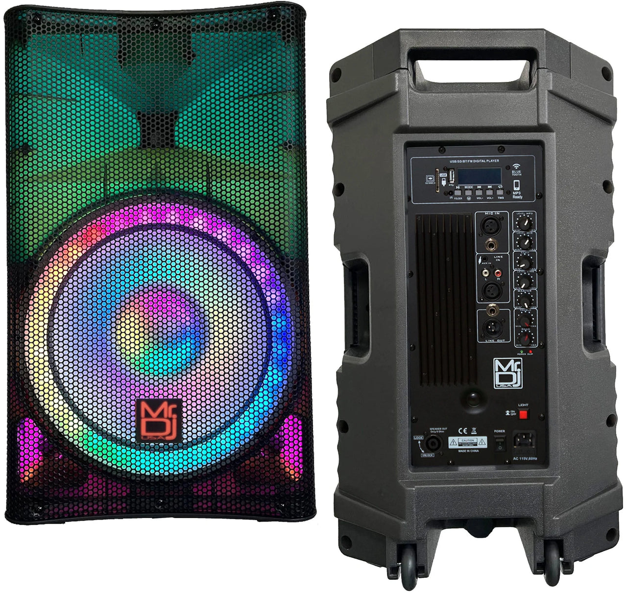 2 Mr. Dj PLED5000 + 2 Speaker Stand 2-Way 15" Portable Active Powered PRO PA DJ Speaker Bluetooth FM USB Sd Karaoke & Smart App + 2 Speaker Stand