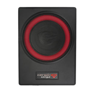 Cerwin-Vega VPAS821 870W 8" underseat enclosure with 2-channel output and sleek black design.