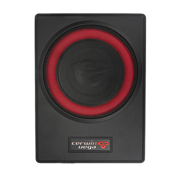 Cerwin-Vega VPAS821 870W 8" underseat enclosure with 2-channel output and sleek black design.