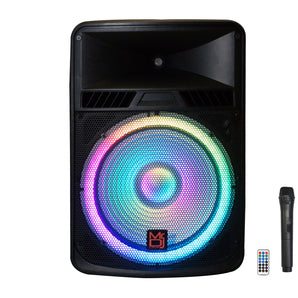 MR DJ PROBAT118 Bluetooth DJ speaker with glowing blue LED light and portable design for parties and events.