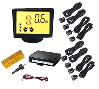 Absolute PS1000 Front and Rear Parking Sensor System components including display units and sensors.