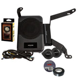 Alpine PSS-23WRA2 audio system kit components including speaker, amplifier, wires, and accessories for Jeep Wrangler and Gladiator.