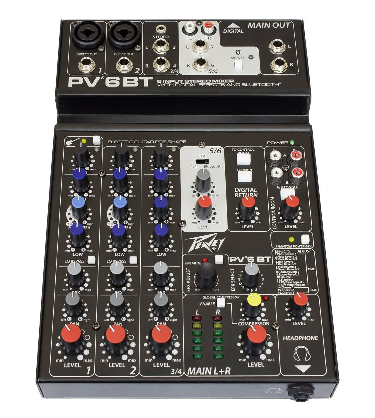 Peavey PV 6 BT 6 Channel Compact Mixing Mixer Console with Bluetooth + 4 XLR Cables
