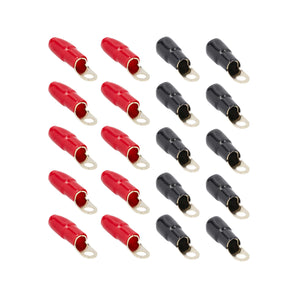 Raptor R038RT MID SERIES 1/0 AWG Gold Ring Terminals in red and black colors arranged in a grid pattern.
