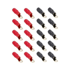 Raptor R0516RT MID SERIES 1/0 AWG 5/16in Gold Ring Terminals in red and black arrangement.