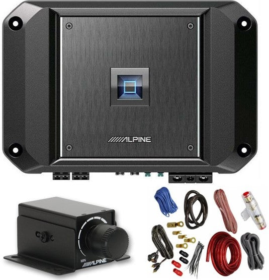 Alpine R2-A60F 4 Channel 600 Watt Class D Car Audio Amplifier & RUX-KNOB.2 Remote Bass Knob & KIT4 Installation AMP Kit