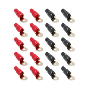 Raptor R414RT MID SERIES 4 AWG 1/4in Gold Ring Terminals in red and black colors arranged in a grid pattern.